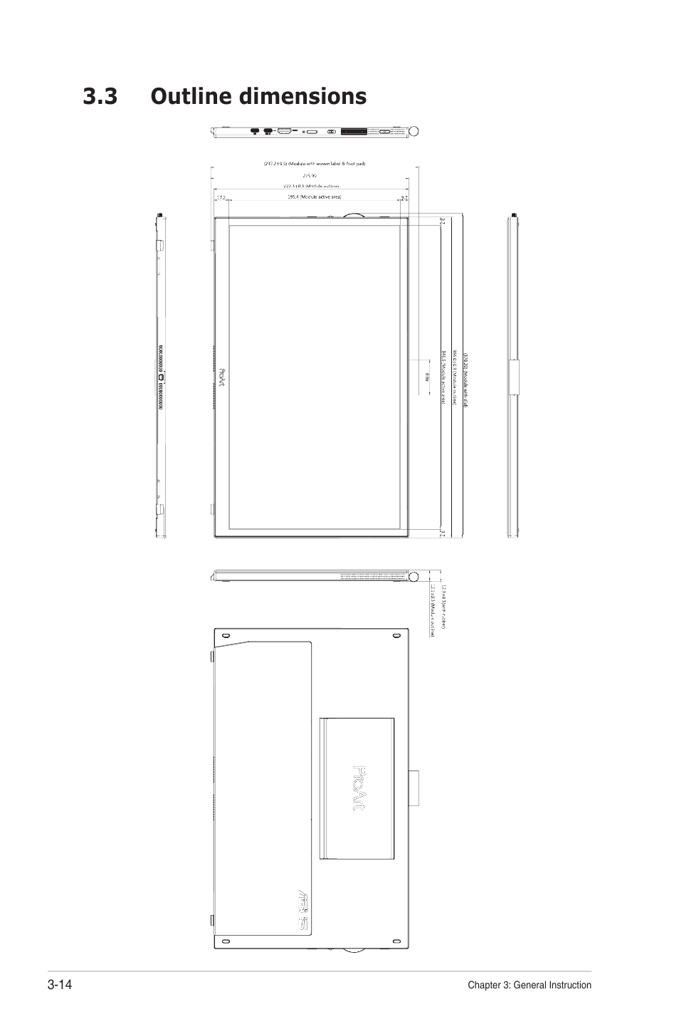 3 outline dimensions, Outline dimensions -14 | Asus ProArt PA169CDV 15.6" Multi-Touch 4K HDR Portable Monitor & Pen Display User Manual | Page 33 / 35