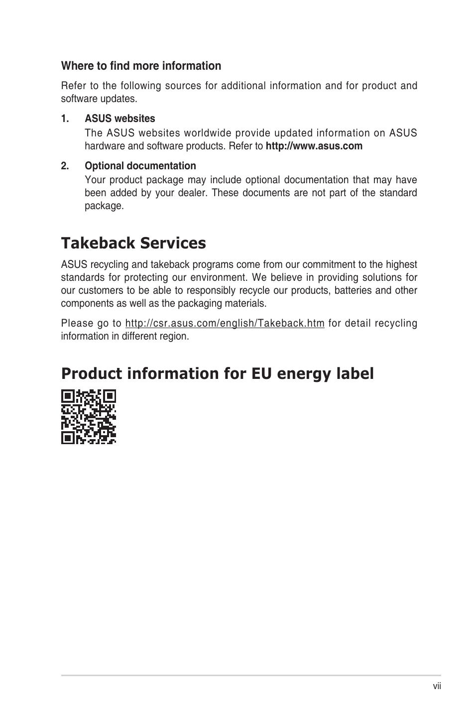 Takeback services, Product information for eu energy label | Asus ProArt PA169CDV 15.6" Multi-Touch 4K HDR Portable Monitor & Pen Display User Manual | Page 7 / 35