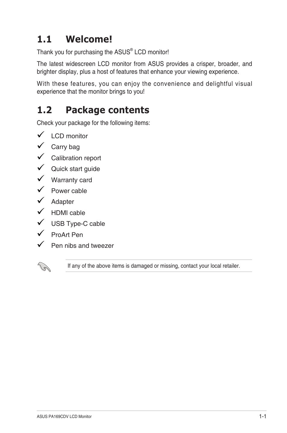 Chapter 1: product introduction, 1 welcome, 2 package contents | 1 welcome! -1 1.2, Package contents -1 | Asus ProArt PA169CDV 15.6" Multi-Touch 4K HDR Portable Monitor & Pen Display User Manual | Page 9 / 35