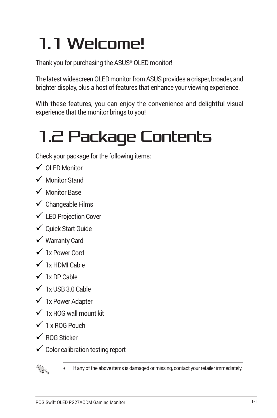 1 welcome, 2 package contents, 1 welcome! -1 1.2 package contents -1 | Asus Republic of Gamers Swift OLED 26.5" 1440p HDR 240 Hz Gaming Monitor User Manual | Page 11 / 40