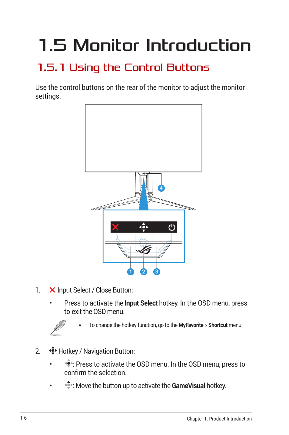 5 monitor introduction, 1 using the control buttons, 5 monitor introduction -6 | 1 using the control buttons -6 | Asus Republic of Gamers Swift OLED 26.5" 1440p HDR 240 Hz Gaming Monitor User Manual | Page 16 / 40