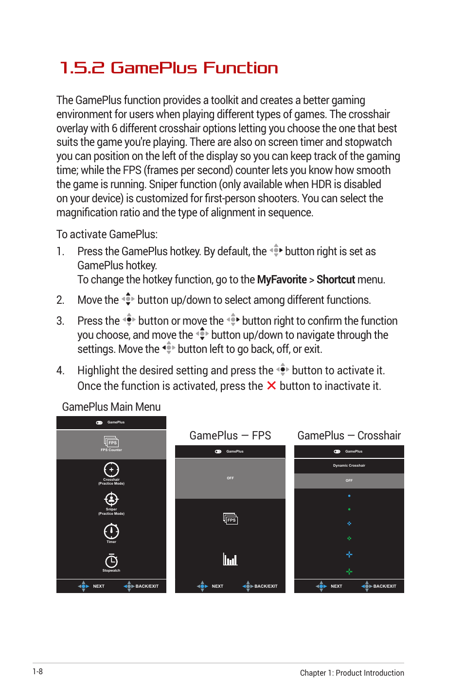 2 gameplus function, 2 gameplus function -8, Gameplus main menu | Gameplus — fps, Gameplus — crosshair | Asus Republic of Gamers Swift OLED 26.5" 1440p HDR 240 Hz Gaming Monitor User Manual | Page 18 / 40