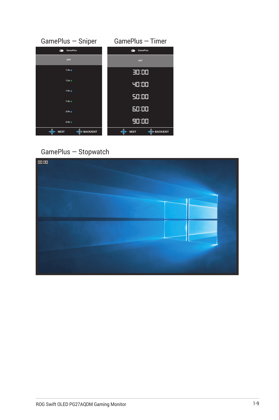 Gameplus — sniper, Gameplus — timer gameplus — stopwatch, 9 rog swift oled pg27aqdm gaming monitor | Asus Republic of Gamers Swift OLED 26.5" 1440p HDR 240 Hz Gaming Monitor User Manual | Page 19 / 40