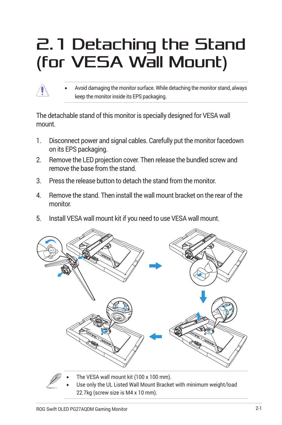 1 detaching the stand (for vesa wall mount), 1 detaching the stand (for vesa wall, Mount) -1 | Asus Republic of Gamers Swift OLED 26.5" 1440p HDR 240 Hz Gaming Monitor User Manual | Page 22 / 40