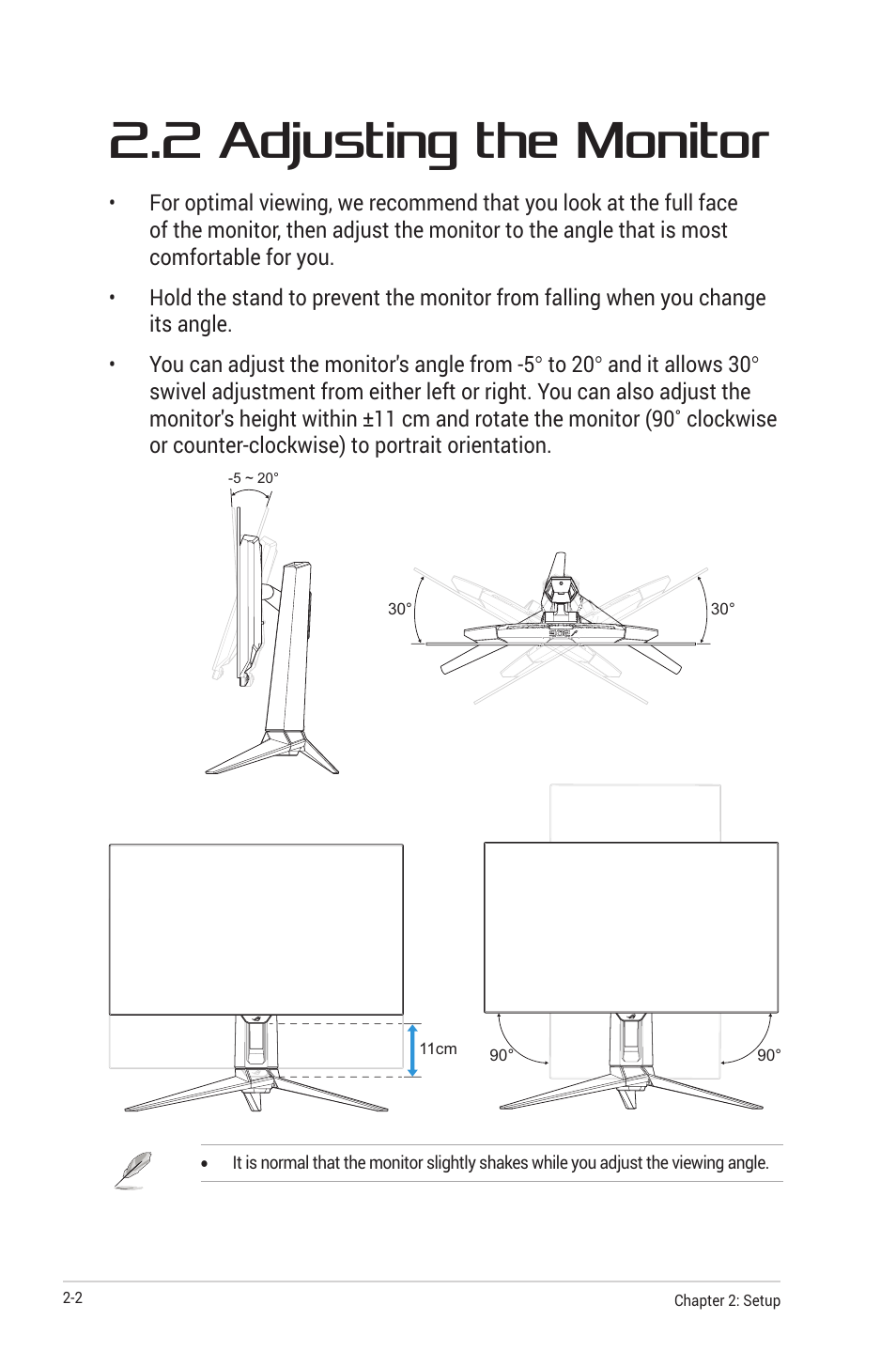 2 adjusting the monitor, 2 adjusting the monitor -2 | Asus Republic of Gamers Swift OLED 26.5" 1440p HDR 240 Hz Gaming Monitor User Manual | Page 23 / 40