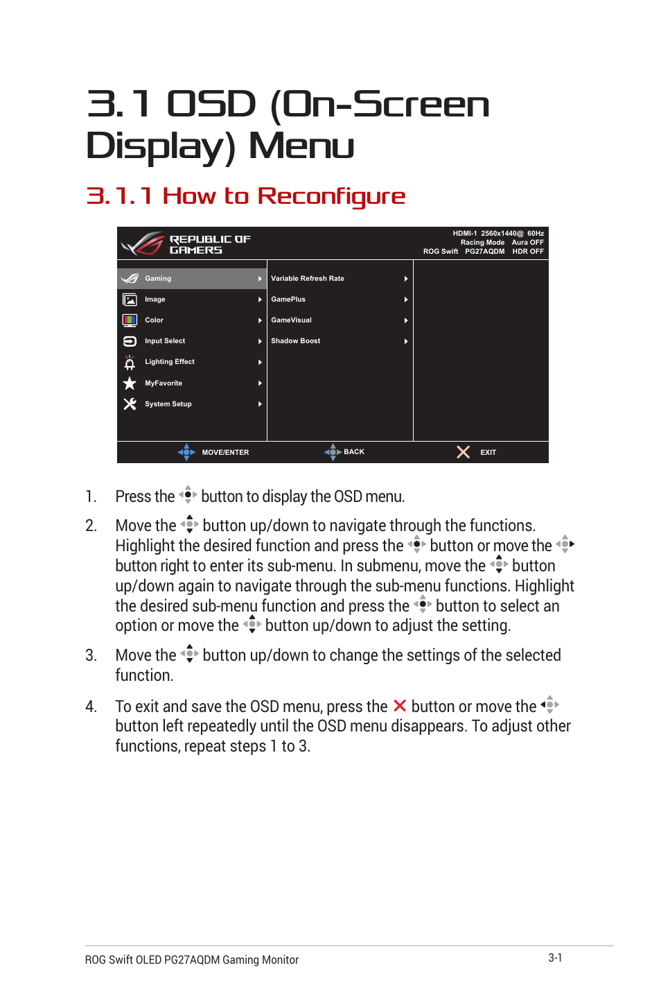 1 osd (on-screen display) menu, 1 how to reconfigure, 1 osd (on-screen display) menu -1 | 1 how to reconfigure -1 | Asus Republic of Gamers Swift OLED 26.5" 1440p HDR 240 Hz Gaming Monitor User Manual | Page 24 / 40