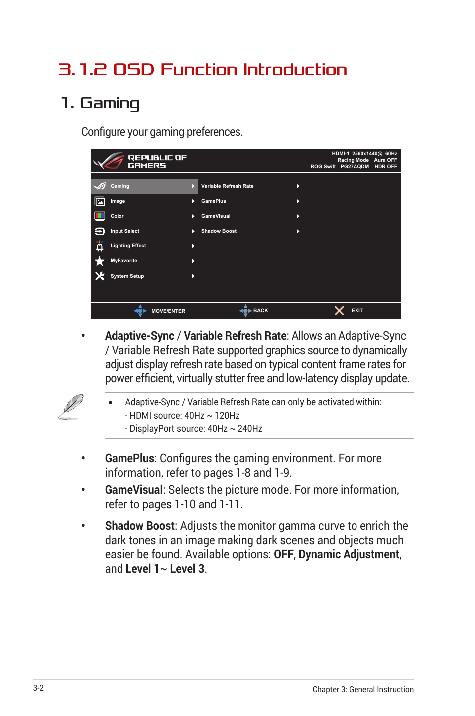 2 osd function introduction, 2 osd function introduction -2, Gaming | Configure your gaming preferences | Asus Republic of Gamers Swift OLED 26.5" 1440p HDR 240 Hz Gaming Monitor User Manual | Page 25 / 40