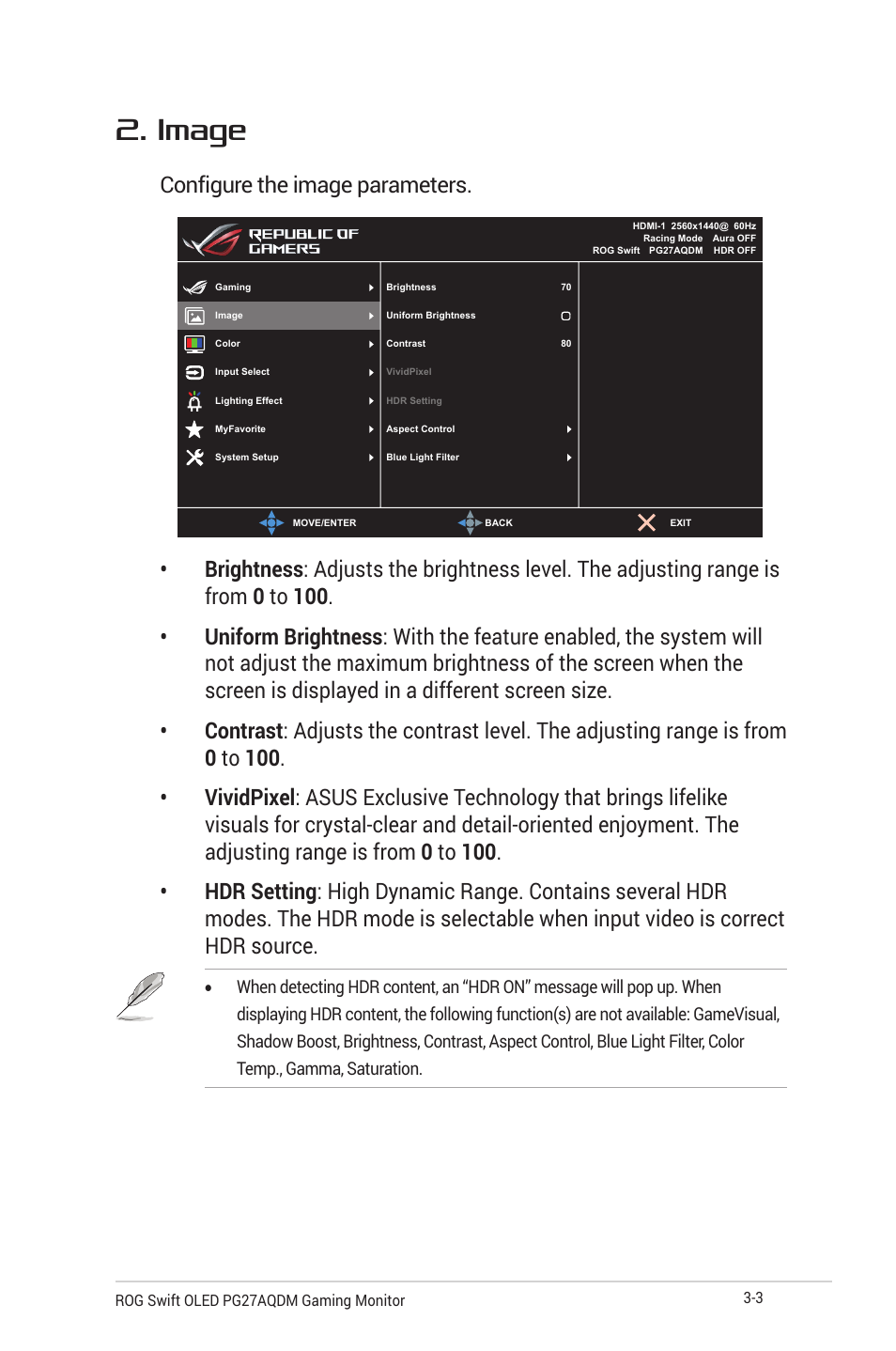 Image, Configure the image parameters | Asus Republic of Gamers Swift OLED 26.5" 1440p HDR 240 Hz Gaming Monitor User Manual | Page 26 / 40