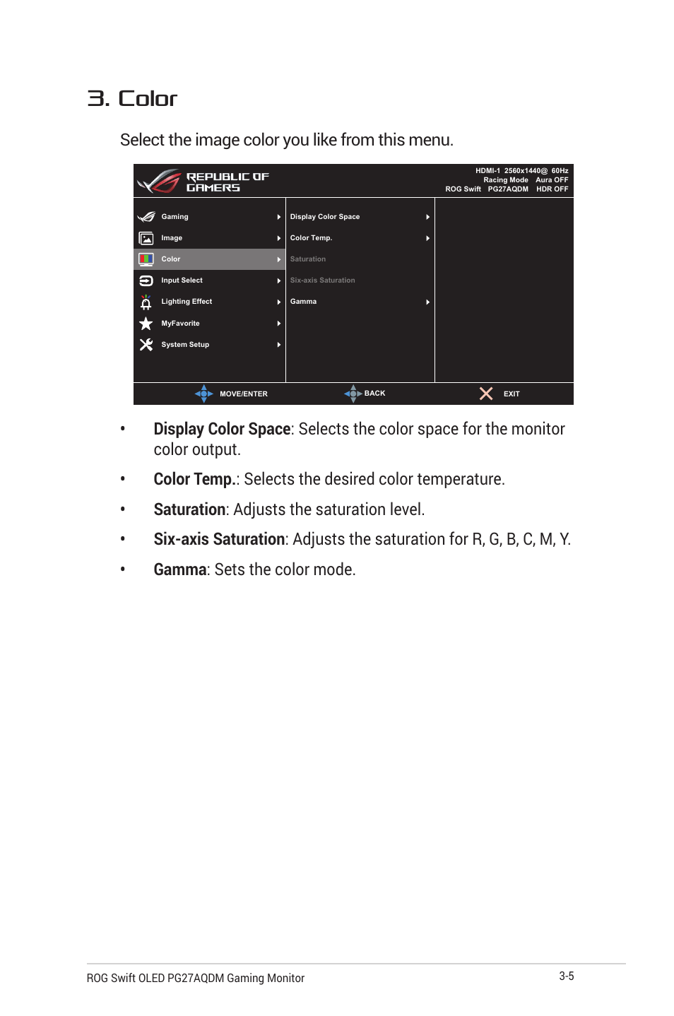 Color, Select the image color you like from this menu | Asus Republic of Gamers Swift OLED 26.5" 1440p HDR 240 Hz Gaming Monitor User Manual | Page 28 / 40