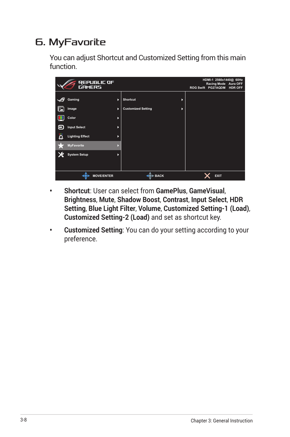 Myfavorite | Asus Republic of Gamers Swift OLED 26.5" 1440p HDR 240 Hz Gaming Monitor User Manual | Page 31 / 40