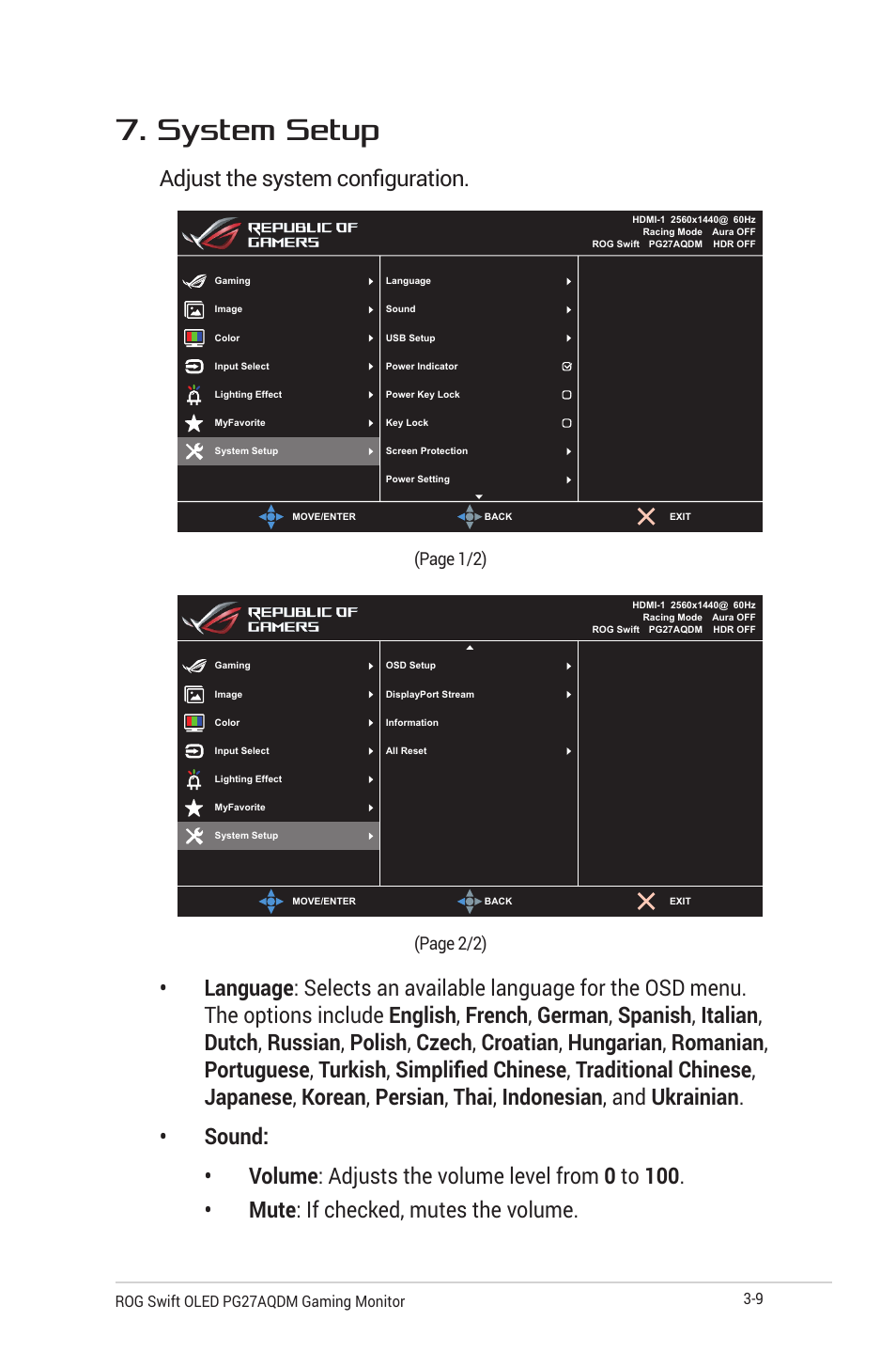 System setup, Adjust the system configuration | Asus Republic of Gamers Swift OLED 26.5" 1440p HDR 240 Hz Gaming Monitor User Manual | Page 32 / 40