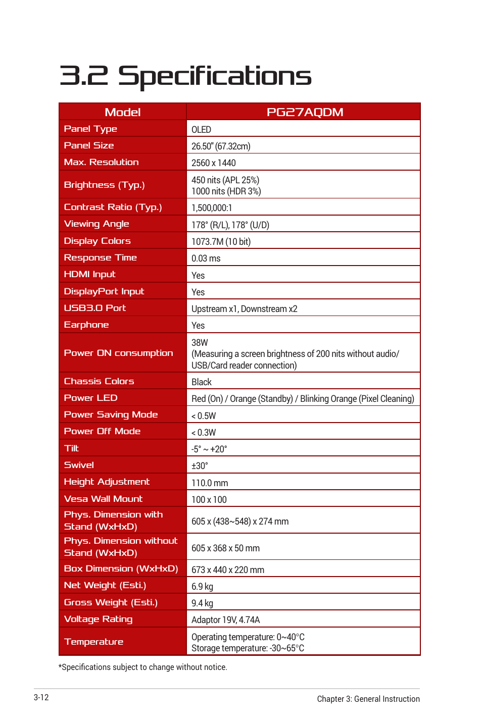 2 specifications, 2 specifications -12, Model pg27aqdm | Asus Republic of Gamers Swift OLED 26.5" 1440p HDR 240 Hz Gaming Monitor User Manual | Page 35 / 40