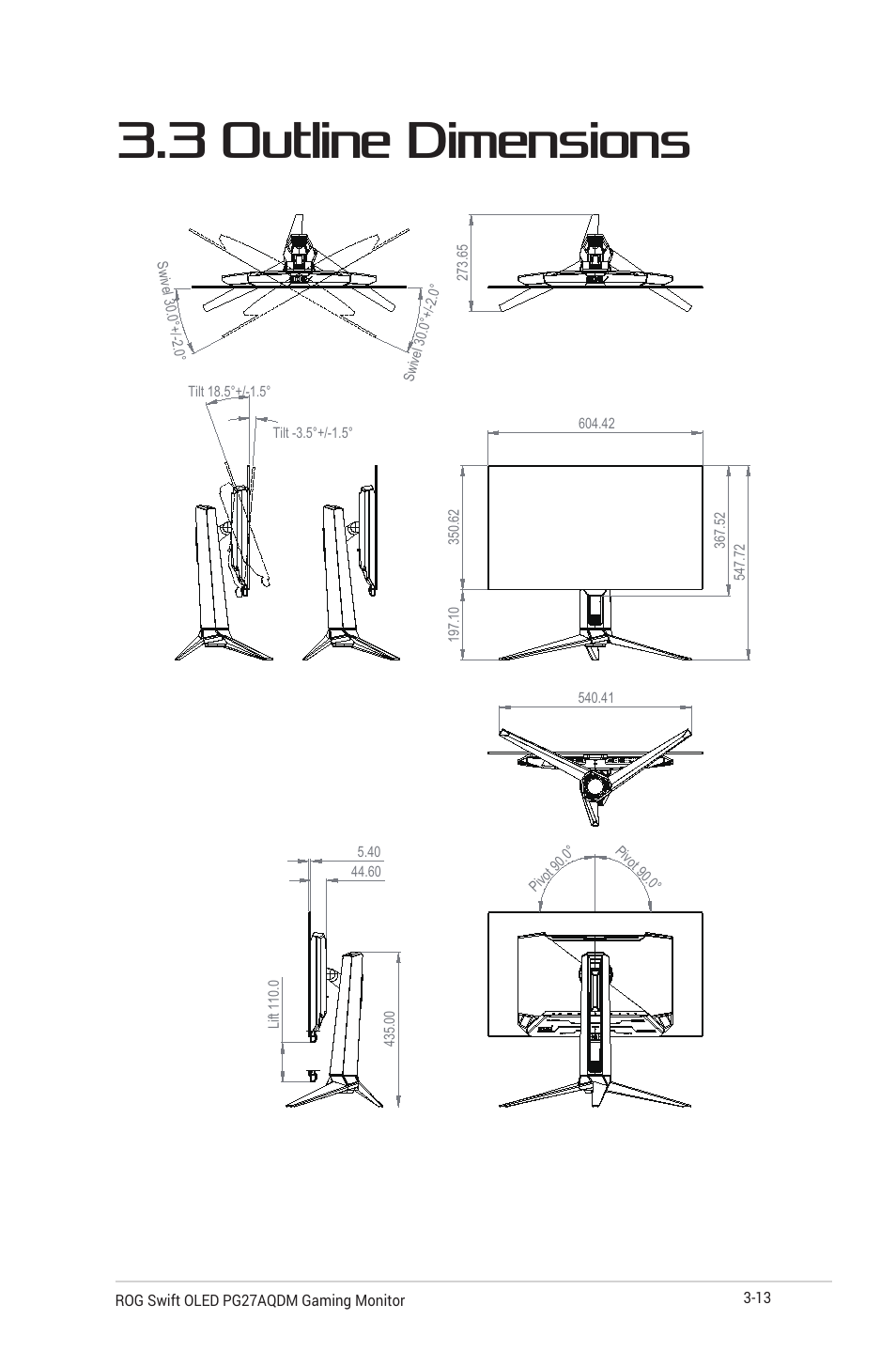 3 outline dimensions, 3 outline dimensions -13 | Asus Republic of Gamers Swift OLED 26.5" 1440p HDR 240 Hz Gaming Monitor User Manual | Page 36 / 40