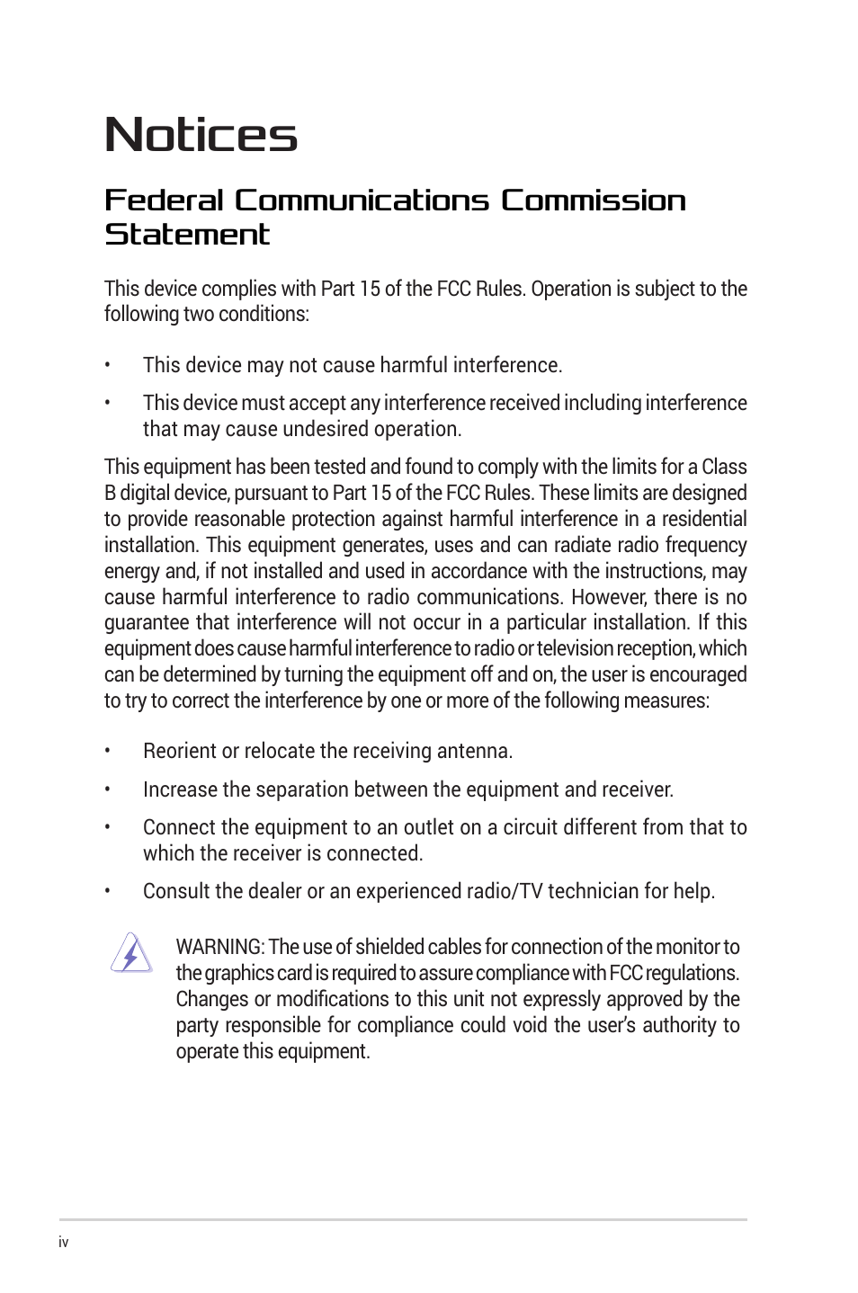 Notices, Federal communications commission statement | Asus Republic of Gamers Swift OLED 26.5" 1440p HDR 240 Hz Gaming Monitor User Manual | Page 4 / 40