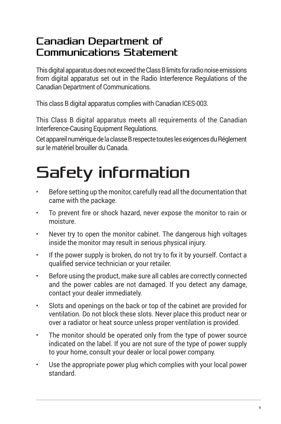 Safety information, Canadian department of communications statement | Asus Republic of Gamers Swift OLED 26.5" 1440p HDR 240 Hz Gaming Monitor User Manual | Page 5 / 40