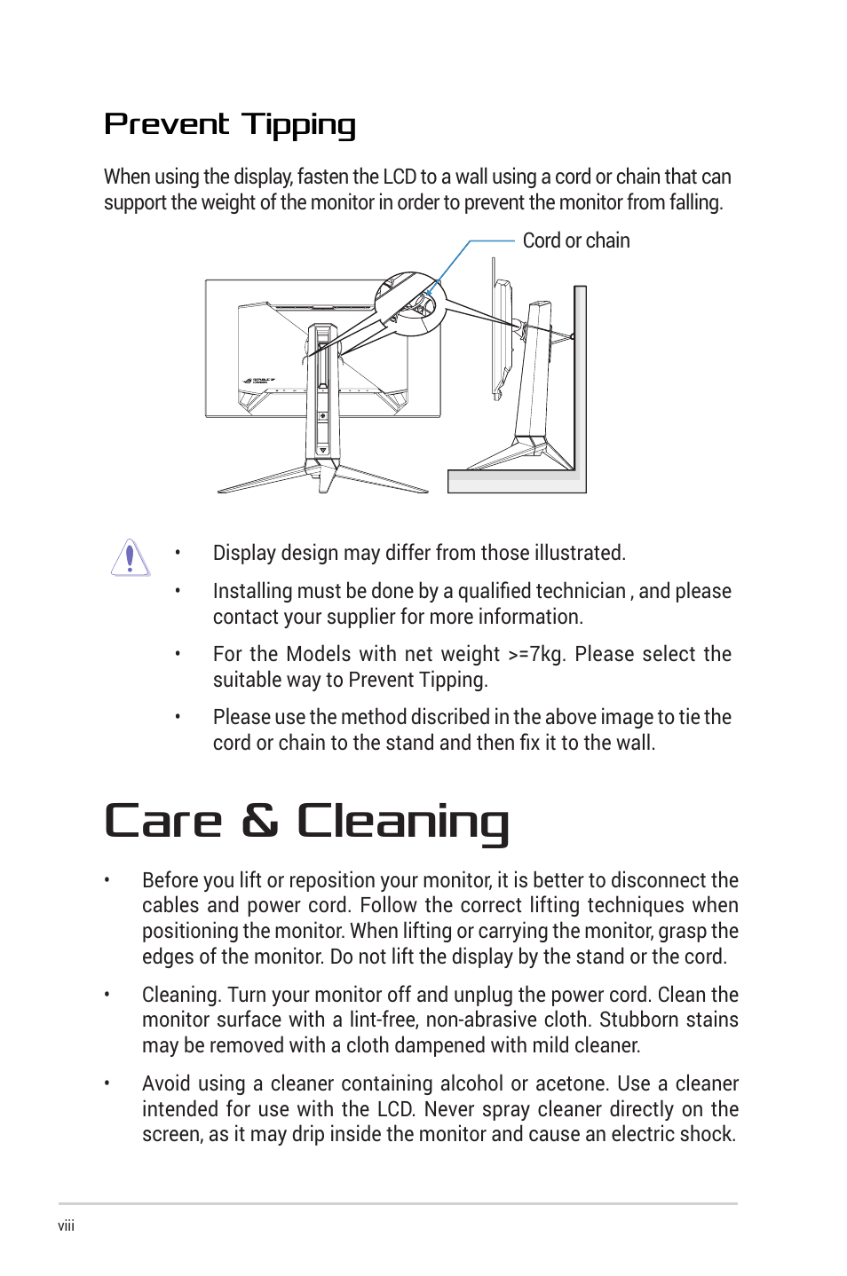 Care & cleaning, Prevent tipping | Asus Republic of Gamers Swift OLED 26.5" 1440p HDR 240 Hz Gaming Monitor User Manual | Page 8 / 40
