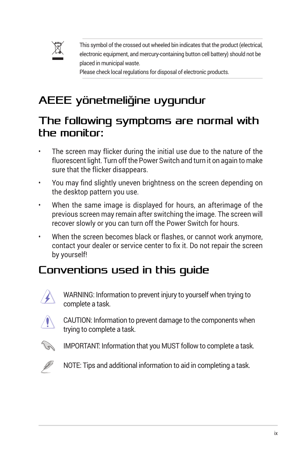Conventions used in this guide | Asus Republic of Gamers Swift OLED 26.5" 1440p HDR 240 Hz Gaming Monitor User Manual | Page 9 / 40