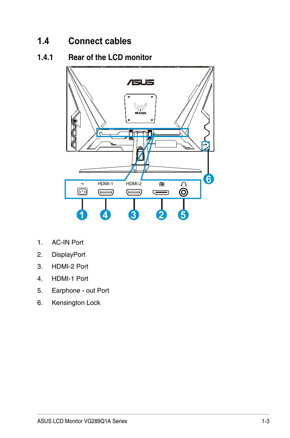 4 connect cables, 1 rear of the lcd monitor, Connect cables -3 | Rear of the lcd monitor -3 | Asus VG289Q1A 28" 16:9 4K IPS TUF Gaming Monitor User Manual | Page 10 / 26