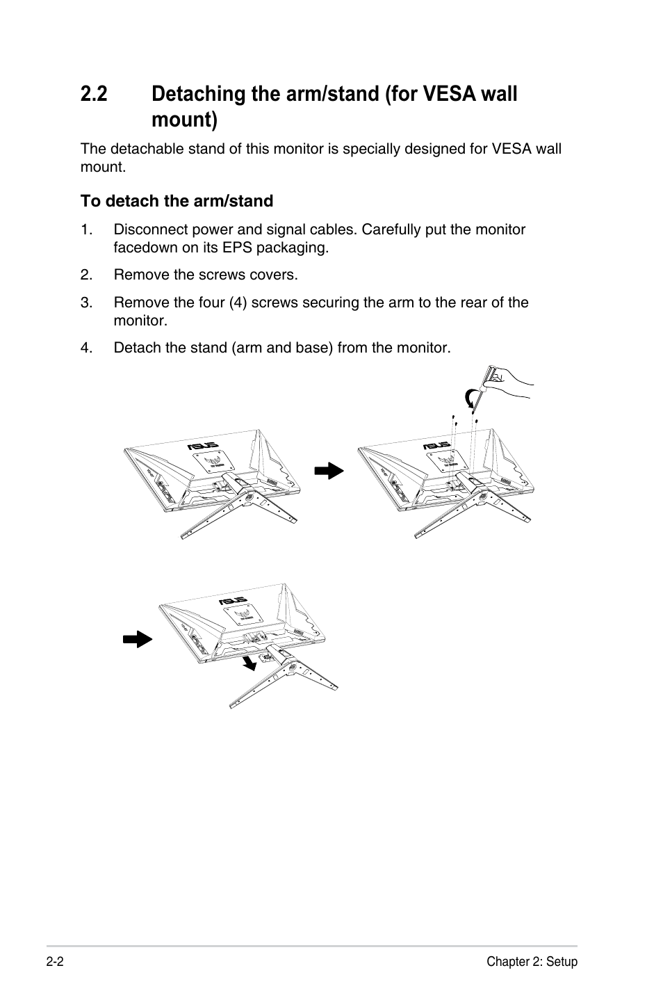 2 detaching the arm/stand (for vesa wall mount), Detaching the arm/stand (for vesa wall mount) -2 | Asus VG289Q1A 28" 16:9 4K IPS TUF Gaming Monitor User Manual | Page 14 / 26