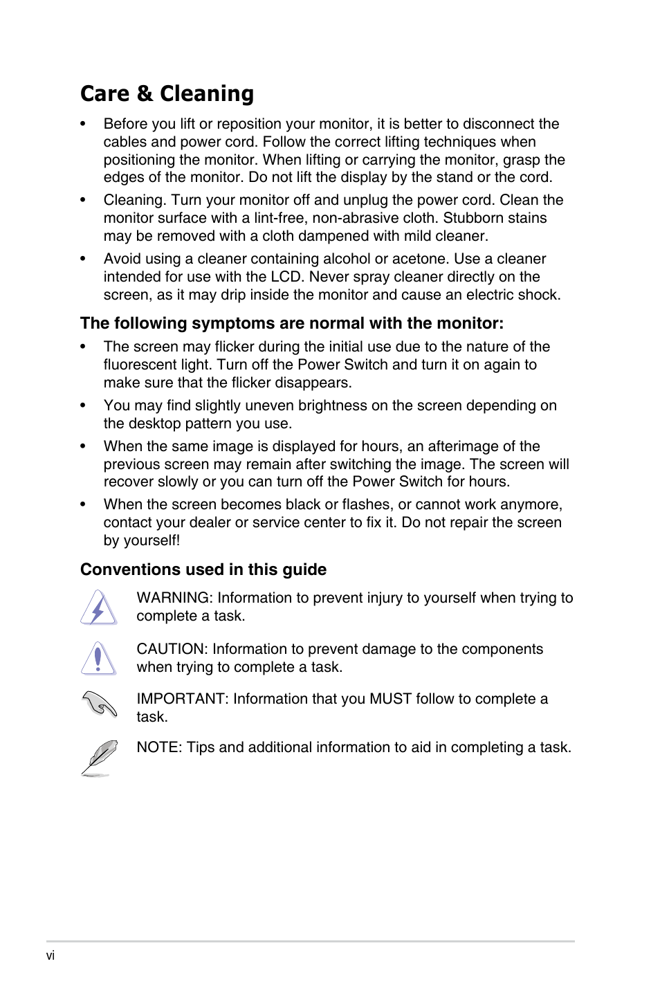 Care & cleaning | Asus VG289Q1A 28" 16:9 4K IPS TUF Gaming Monitor User Manual | Page 6 / 26