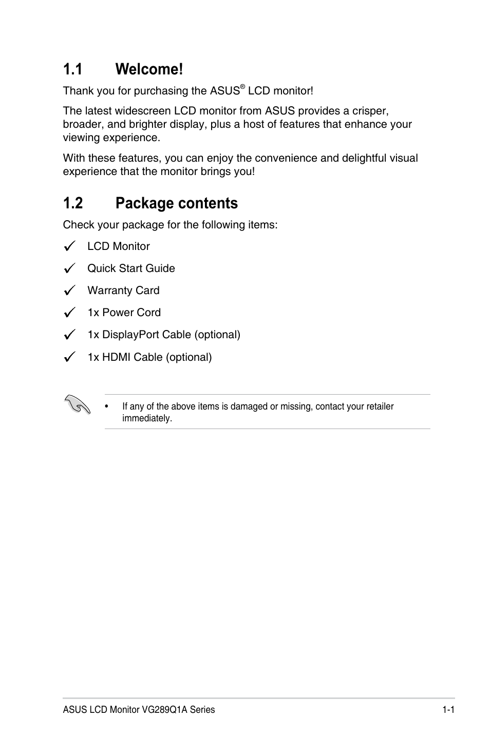 1 welcome, 2 package contents, 1 welcome! -1 1.2 | Package contents -1 | Asus VG289Q1A 28" 16:9 4K IPS TUF Gaming Monitor User Manual | Page 8 / 26