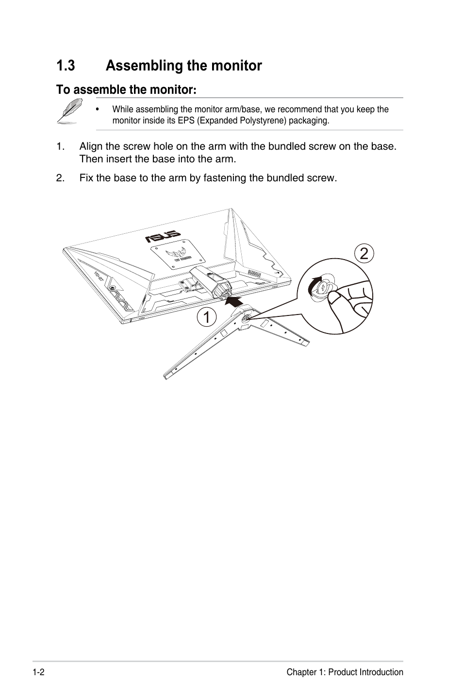 3 assembling the monitor, Assembling the monitor -2 | Asus VG289Q1A 28" 16:9 4K IPS TUF Gaming Monitor User Manual | Page 9 / 26