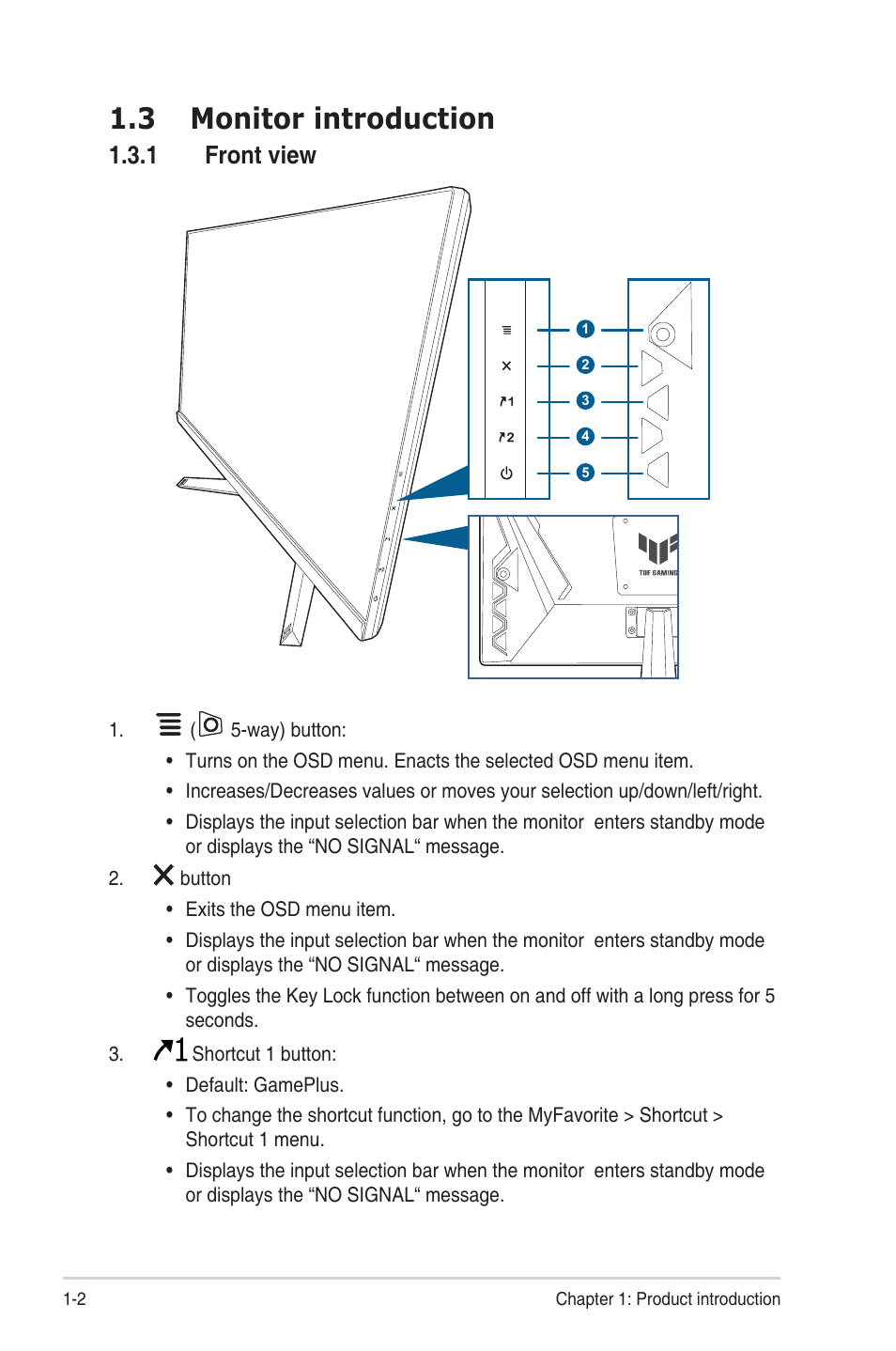 3 monitor introduction, 1 front view, Front view -2 | Asus TUF Gaming VG249QM1A 23.8" 270 Hz Gaming Monitor User Manual | Page 10 / 31