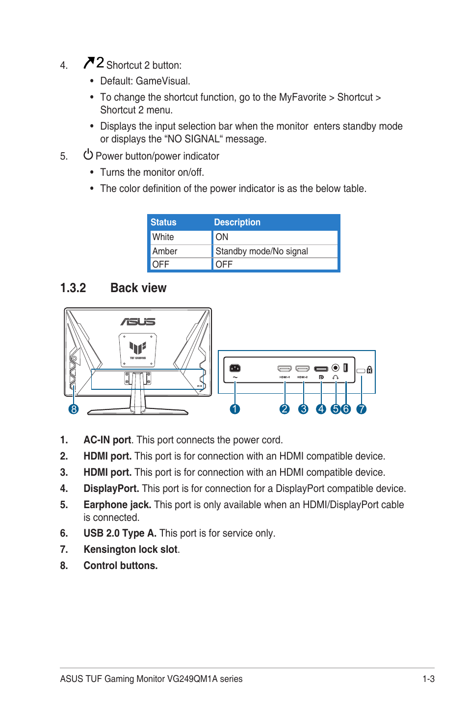2 back view, Back view -3 | Asus TUF Gaming VG249QM1A 23.8" 270 Hz Gaming Monitor User Manual | Page 11 / 31