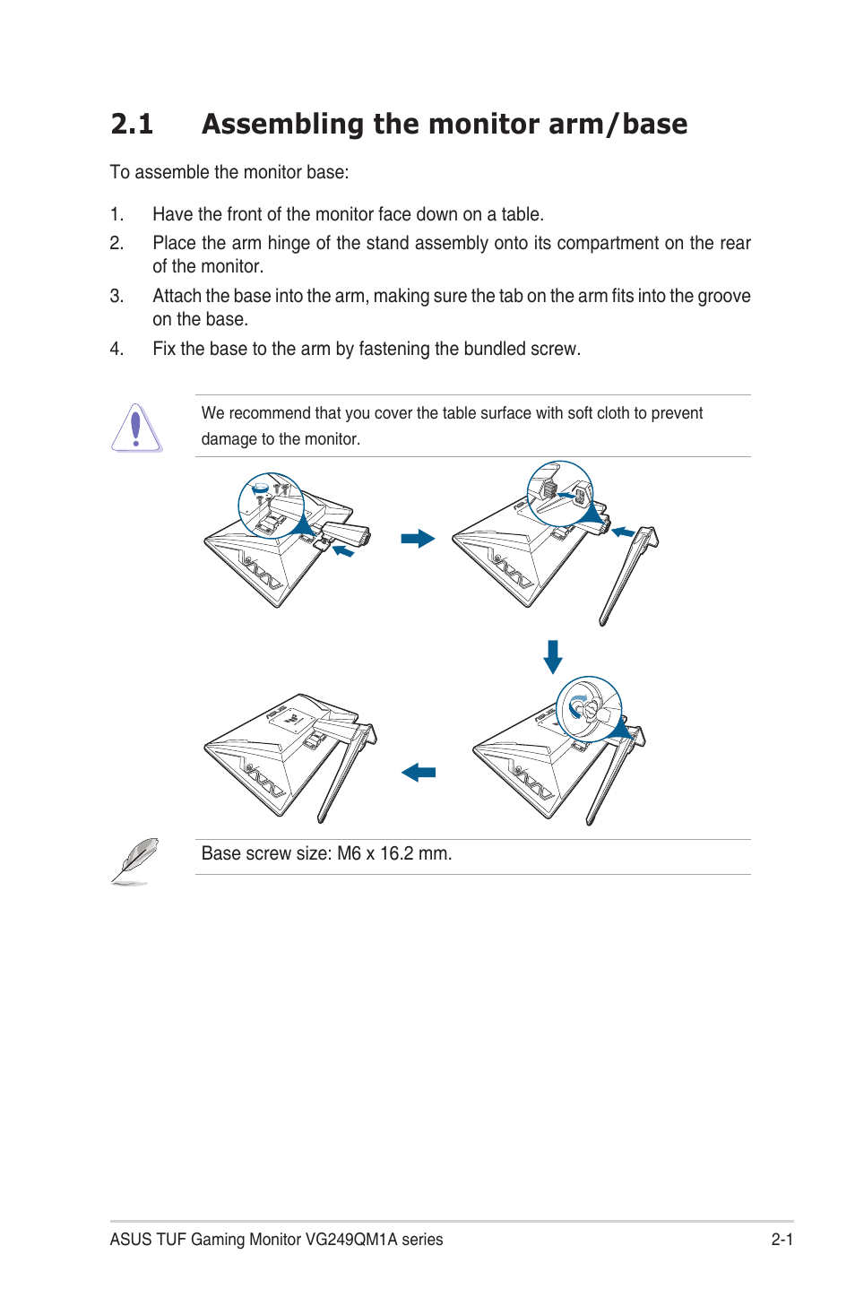 Chapter 2: setup, 1 assembling the monitor arm/base, Assembling the monitor arm/base -1 | Asus TUF Gaming VG249QM1A 23.8" 270 Hz Gaming Monitor User Manual | Page 15 / 31