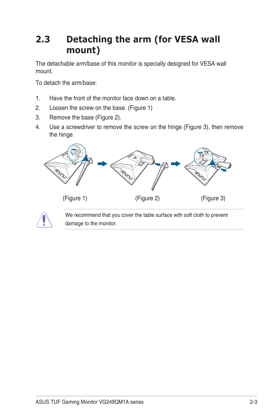 3 detaching the arm (for vesa wall mount), Detaching the arm (for vesa wall mount) -3 | Asus TUF Gaming VG249QM1A 23.8" 270 Hz Gaming Monitor User Manual | Page 17 / 31