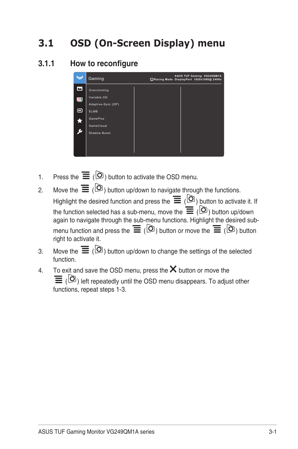 Chapter 3: general instructions, 1 osd (on-screen display) menu, 1 how to reconfigure | Osd (on-screen display) menu -1, How to reconfigure | Asus TUF Gaming VG249QM1A 23.8" 270 Hz Gaming Monitor User Manual | Page 19 / 31