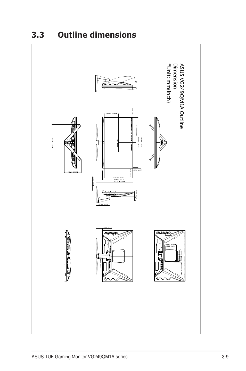 3 outline dimensions | Asus TUF Gaming VG249QM1A 23.8" 270 Hz Gaming Monitor User Manual | Page 27 / 31