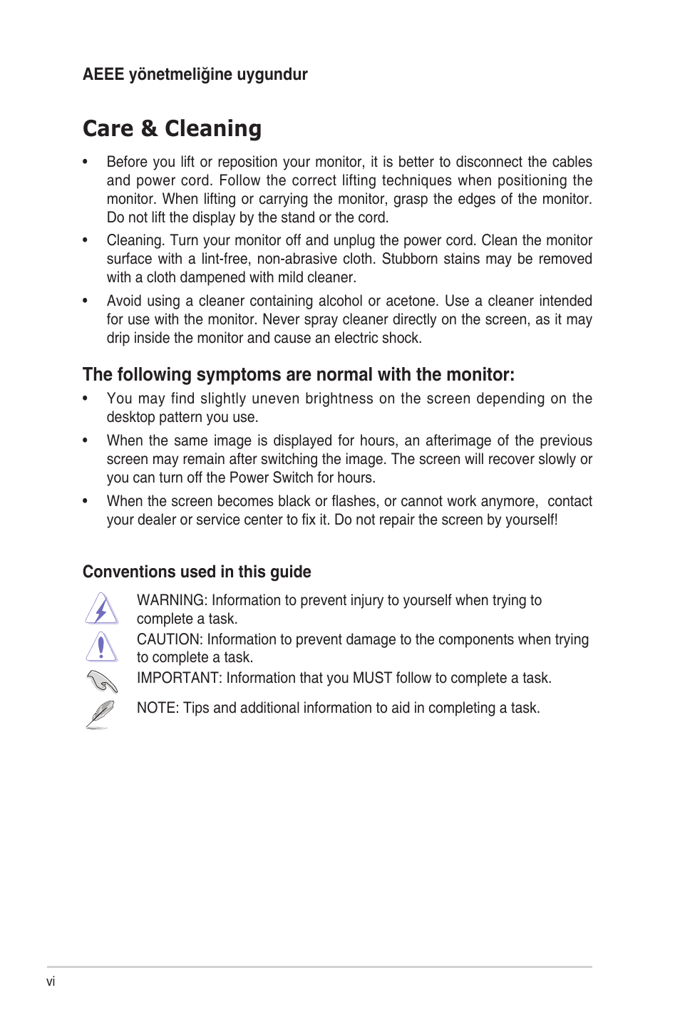 Care & cleaning, The following symptoms are normal with the monitor | Asus TUF Gaming VG249QM1A 23.8" 270 Hz Gaming Monitor User Manual | Page 6 / 31