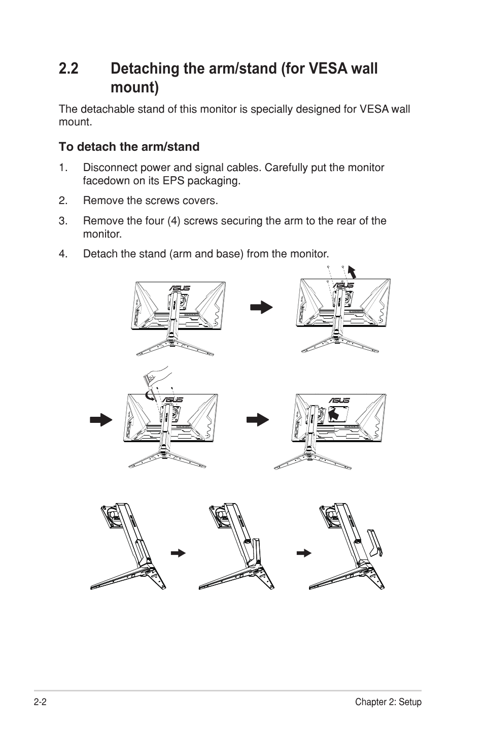 2 detaching the arm/stand (for vesa wall mount), Detaching the arm/stand (for vesa wall mount) -2 | Asus TUF Gaming VG28UQL1A 28" 4K 144 Hz IPS Gaming Monitor User Manual | Page 14 / 29