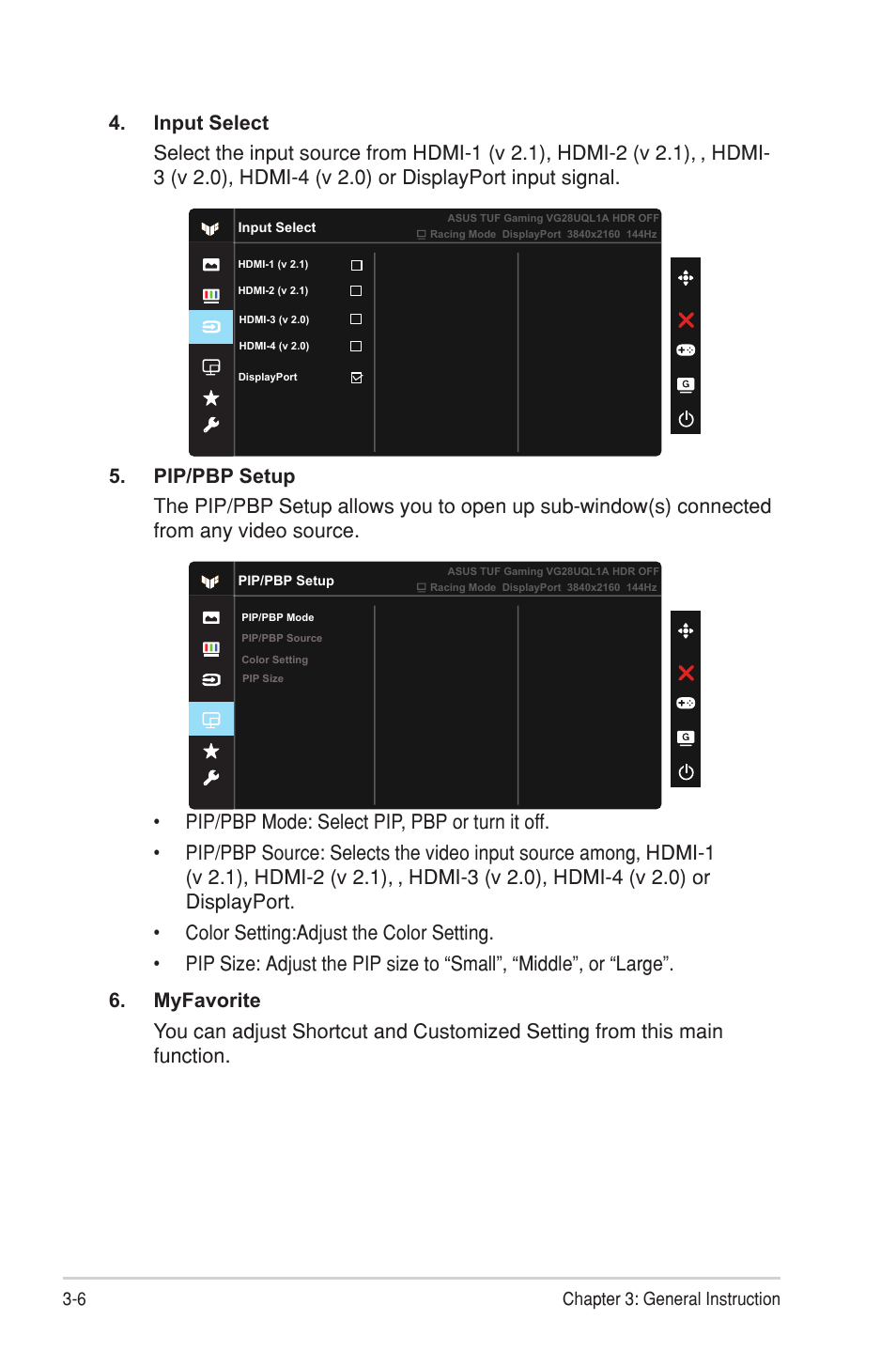 6 chapter 3: general instruction | Asus TUF Gaming VG28UQL1A 28" 4K 144 Hz IPS Gaming Monitor User Manual | Page 21 / 29