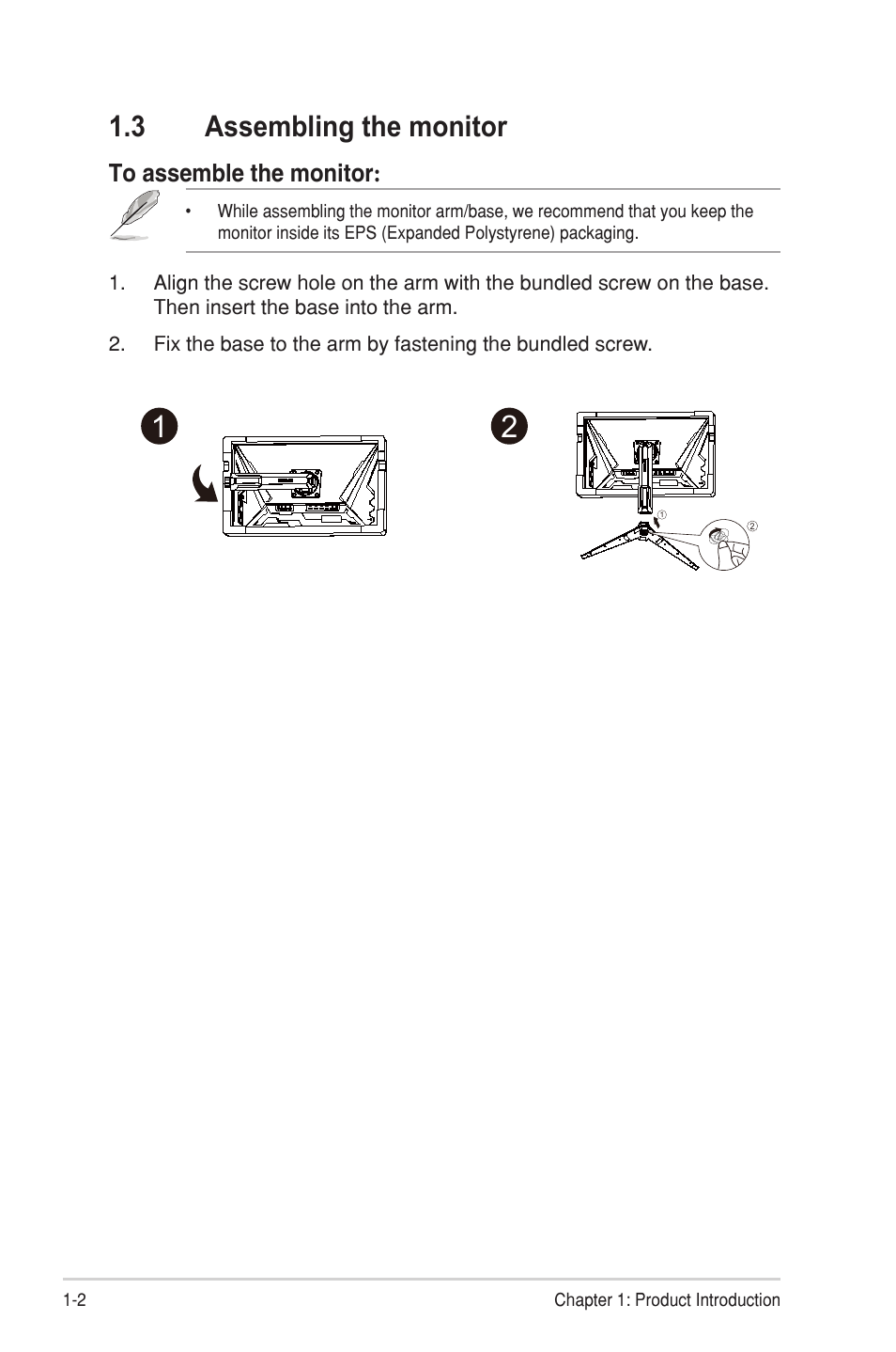 3 assembling the monitor, Assembling the monitor -2 | Asus TUF Gaming VG28UQL1A 28" 4K 144 Hz IPS Gaming Monitor User Manual | Page 9 / 29