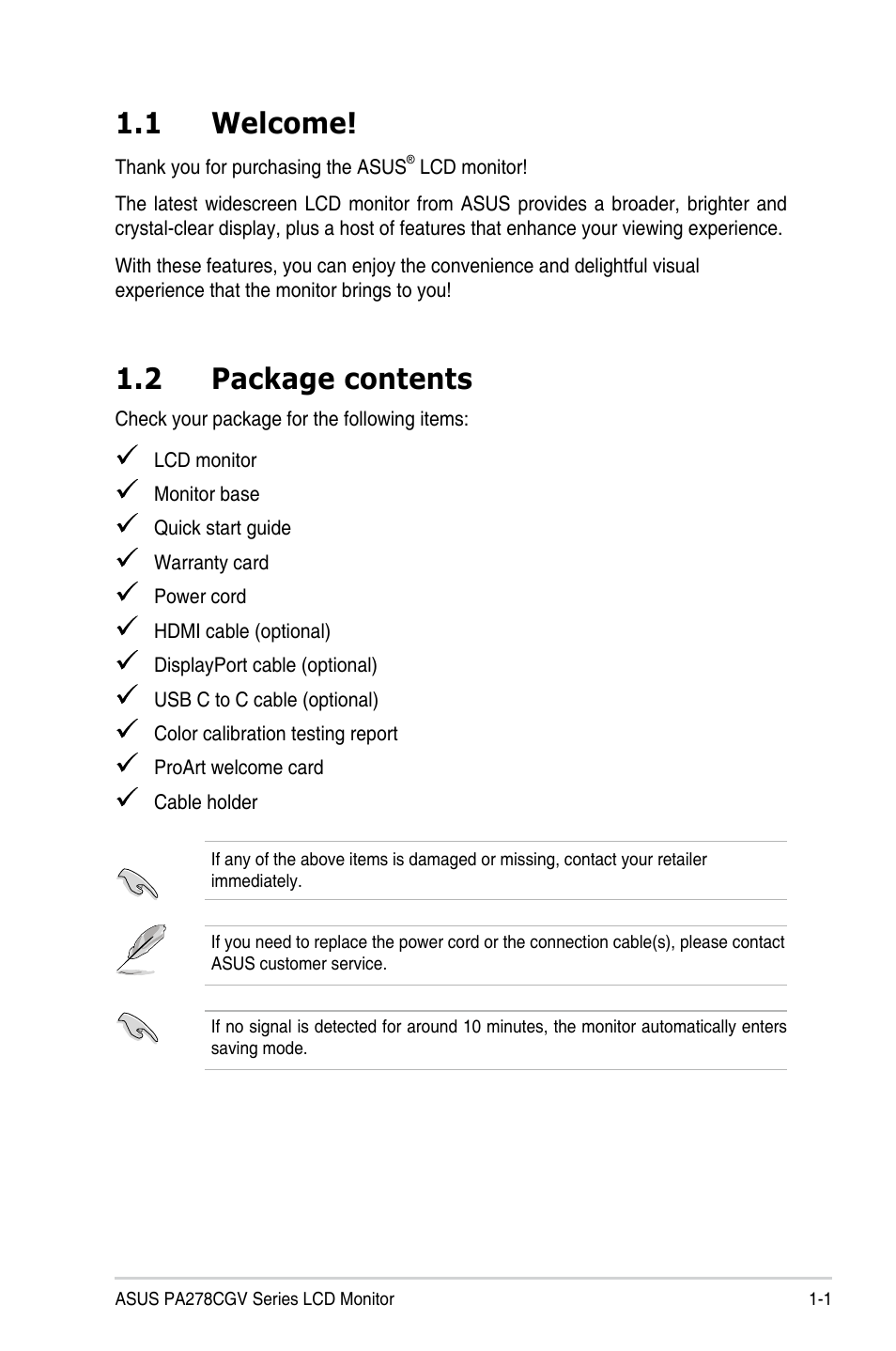 Chapter 1: product introduction, 1 welcome, 2 package contents | Welcome! -1, Package contents -1 | Asus ProArt 27" 1440p 144 Hz Monitor User Manual | Page 11 / 34