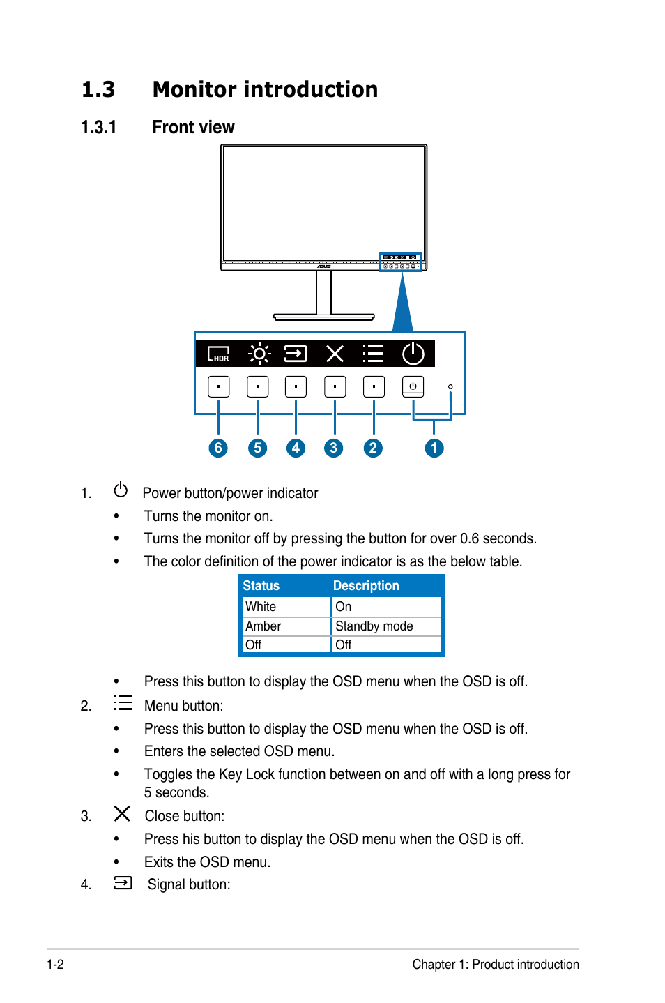 3 monitor introduction, 1 front view, Monitor introduction | Front view -2 | Asus ProArt 27" 1440p 144 Hz Monitor User Manual | Page 12 / 34