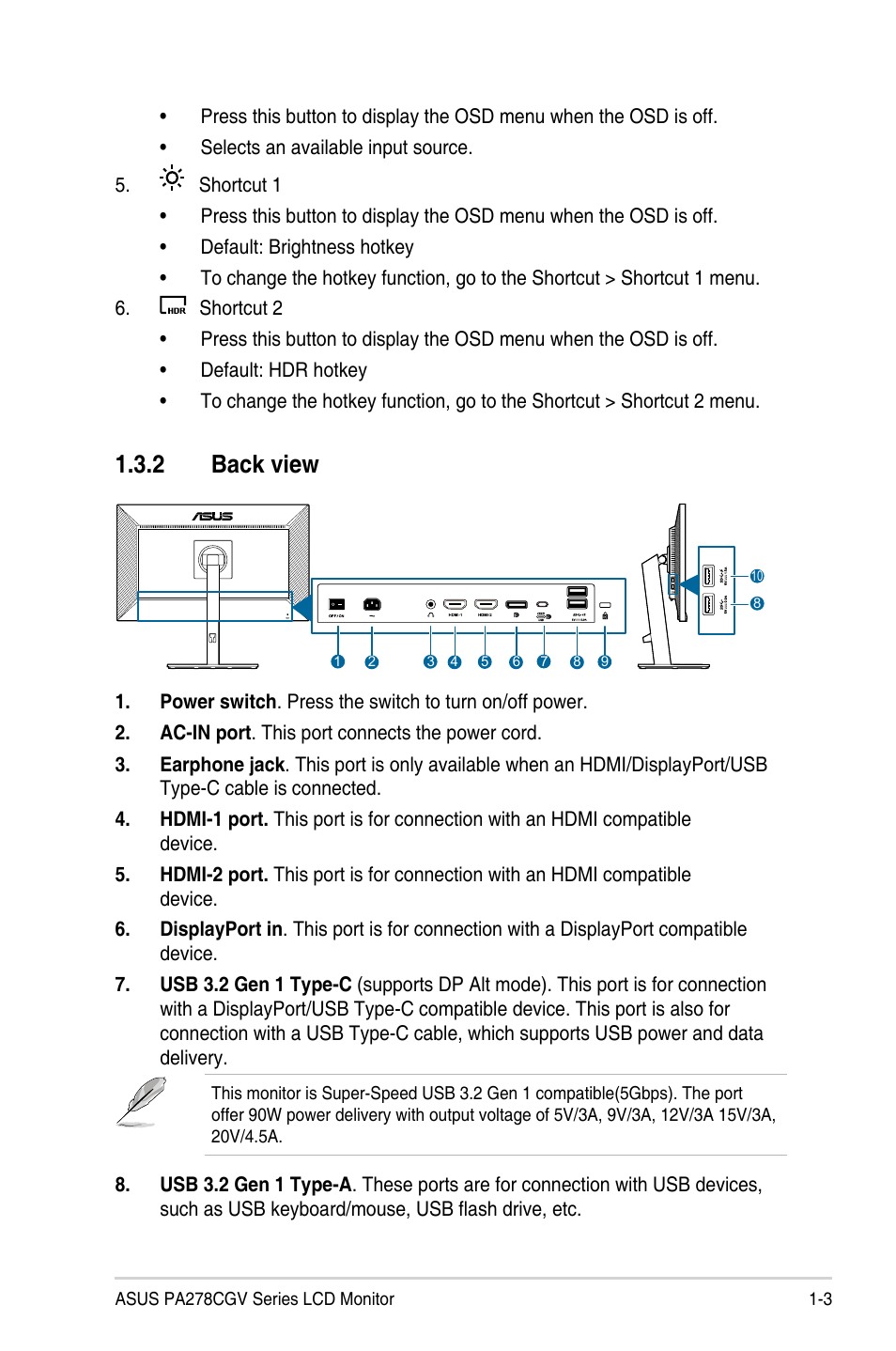 2 back view, Back view -3 | Asus ProArt 27" 1440p 144 Hz Monitor User Manual | Page 13 / 34