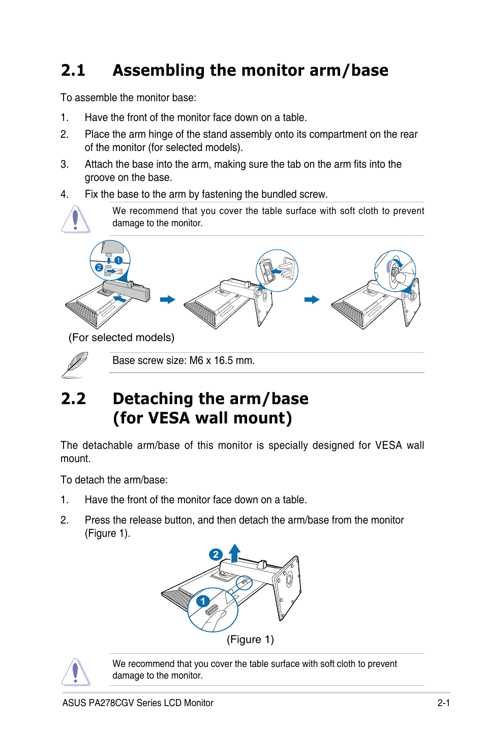 Chapter 2: setup, 1 assembling the monitor arm/base, 2 detaching the arm/base (for vesa wall mount) | Assembling the monitor arm/base -1, Detaching the arm/base (for vesa wall mount) | Asus ProArt 27" 1440p 144 Hz Monitor User Manual | Page 15 / 34