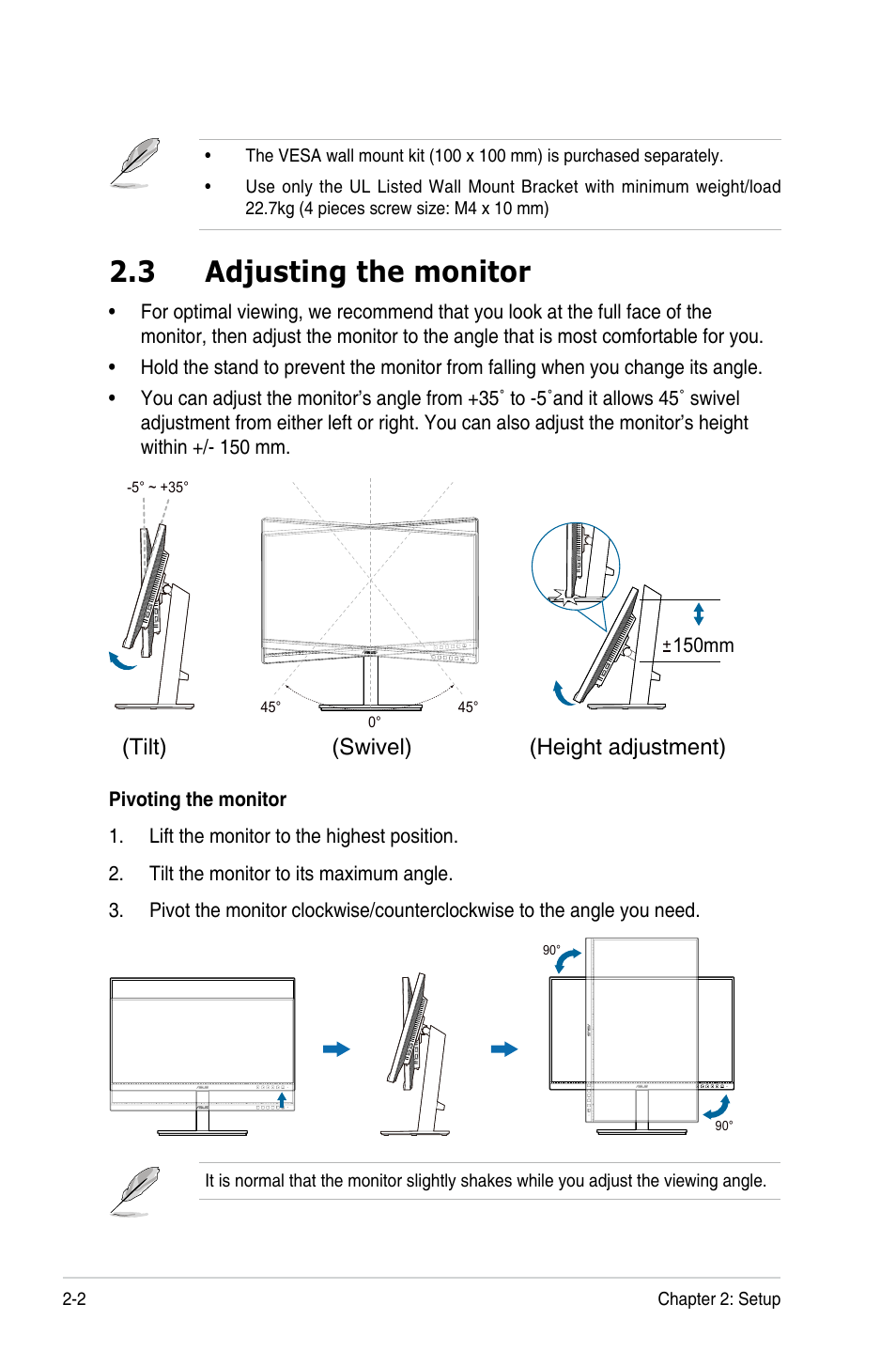 3 adjusting the monitor, Adjusting the monitor, Swivel) (height adjustment) (tilt) | Asus ProArt 27" 1440p 144 Hz Monitor User Manual | Page 16 / 34