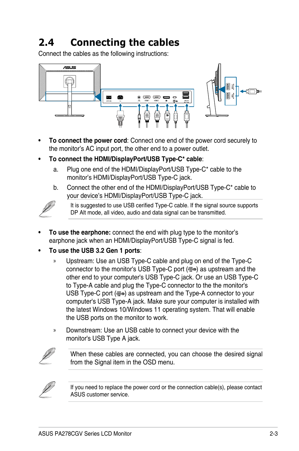 4 connecting the cables, Connecting the cables -3 | Asus ProArt 27" 1440p 144 Hz Monitor User Manual | Page 17 / 34