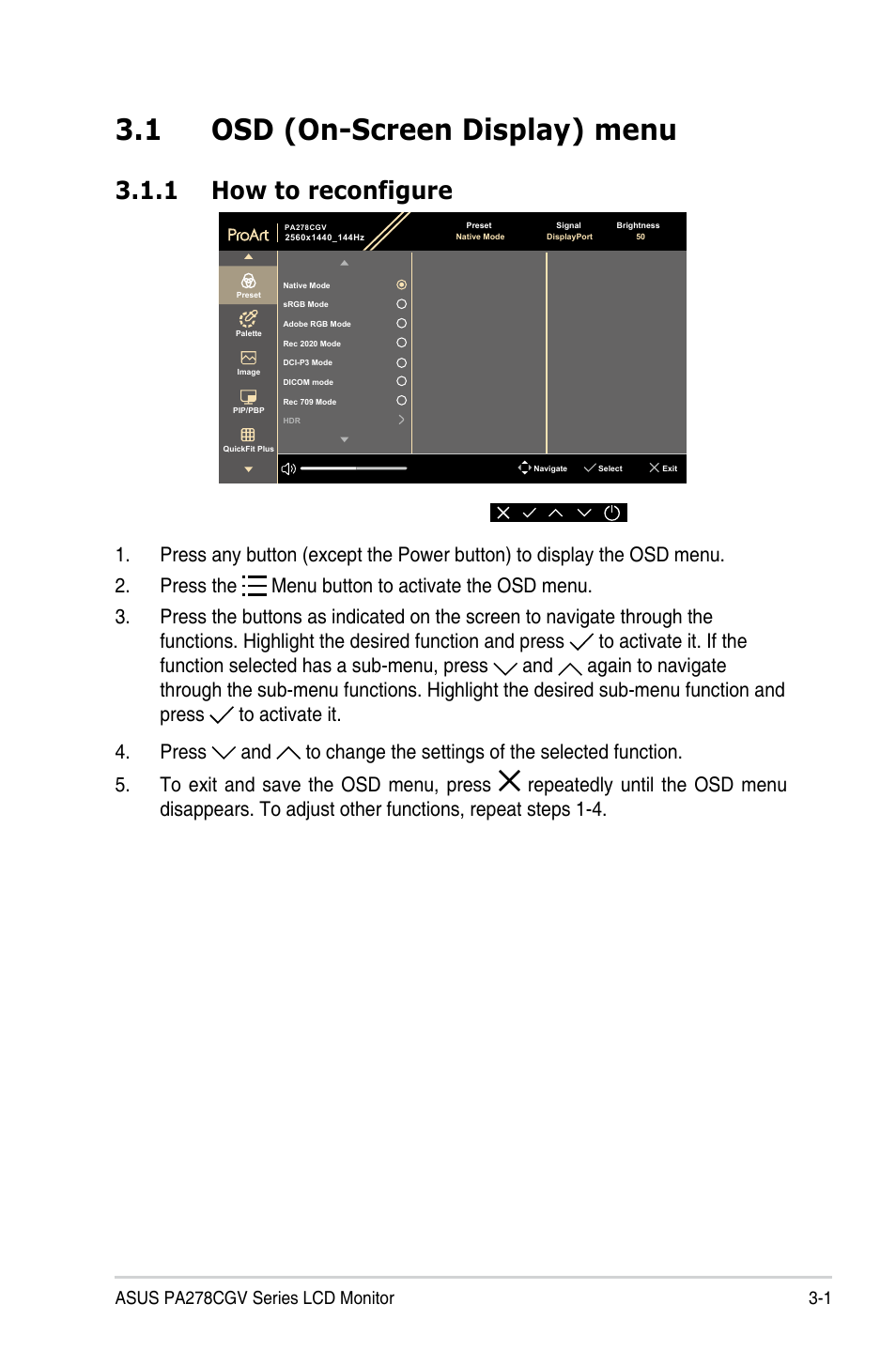 Chapter 3: general instructions, 1 osd (on-screen display) menu, 1 how to reconfigure | Osd (on-screen display) menu, How to reconfigure, 1 asus pa278cgv series lcd monitor | Asus ProArt 27" 1440p 144 Hz Monitor User Manual | Page 19 / 34