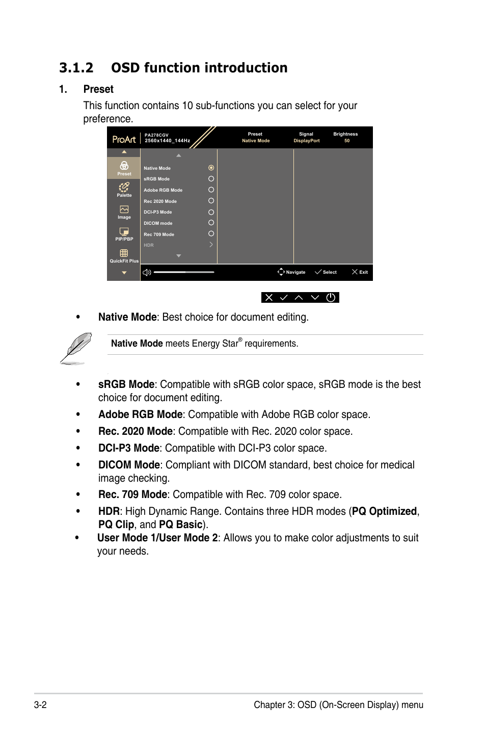 2 osd function introduction, Osd function introduction -2, Native mode : best choice for document editing | Asus ProArt 27" 1440p 144 Hz Monitor User Manual | Page 20 / 34