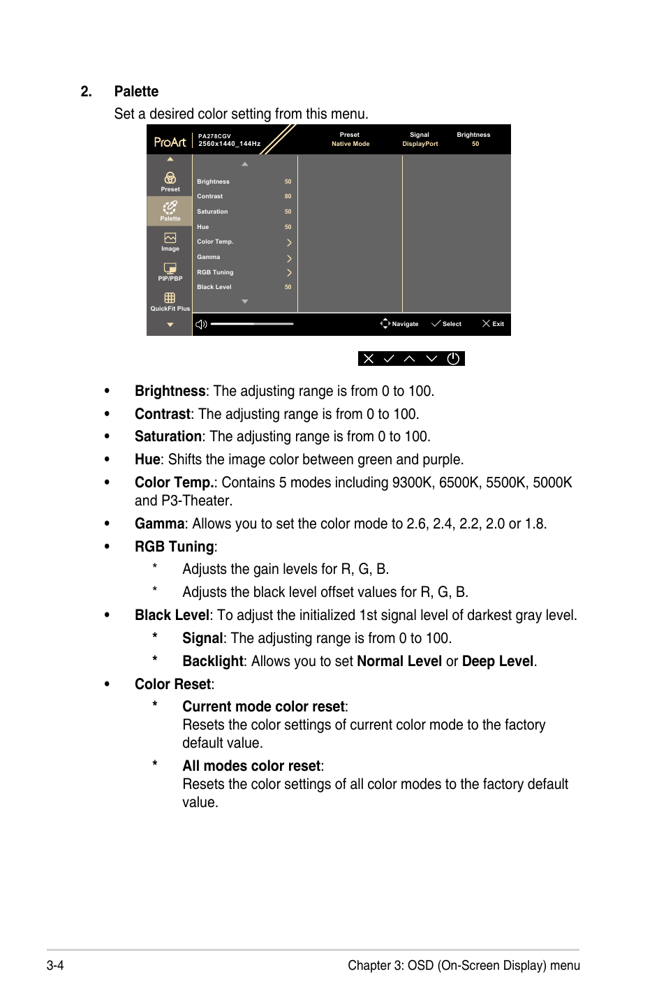 Palette set a desired color setting from this menu | Asus ProArt 27" 1440p 144 Hz Monitor User Manual | Page 22 / 34