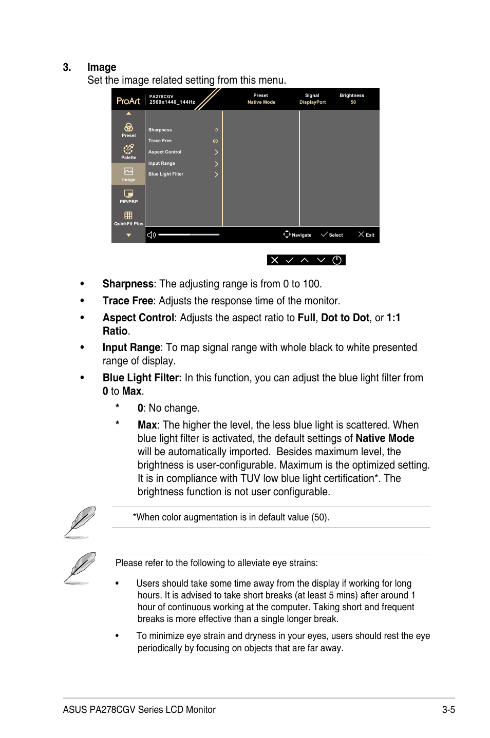 Image set the image related setting from this menu | Asus ProArt 27" 1440p 144 Hz Monitor User Manual | Page 23 / 34
