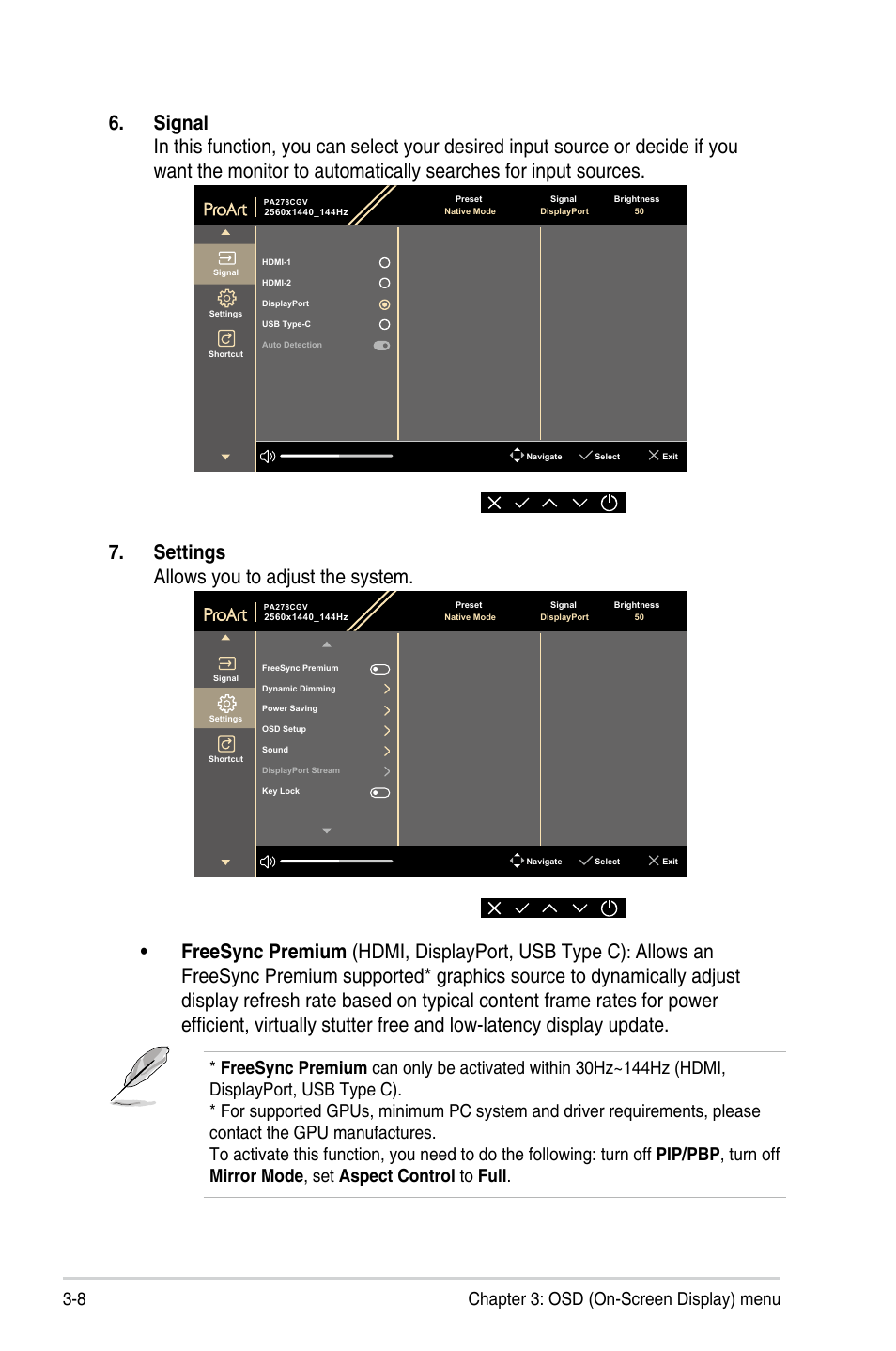 Settings allows you to adjust the system, Freesync premium (hdmi, displayport, usb type c), 8 chapter 3: osd (on-screen display) menu | Asus ProArt 27" 1440p 144 Hz Monitor User Manual | Page 26 / 34