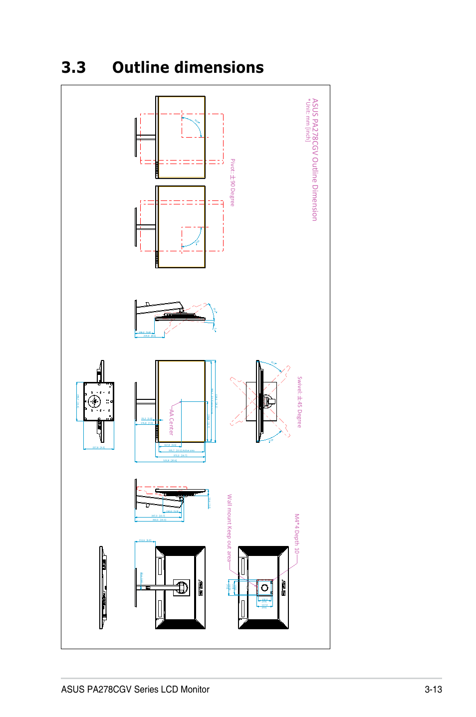 3 outline dimensions, Outline dimensions, Asus pa278cgv outline dimension | Asus ProArt 27" 1440p 144 Hz Monitor User Manual | Page 31 / 34