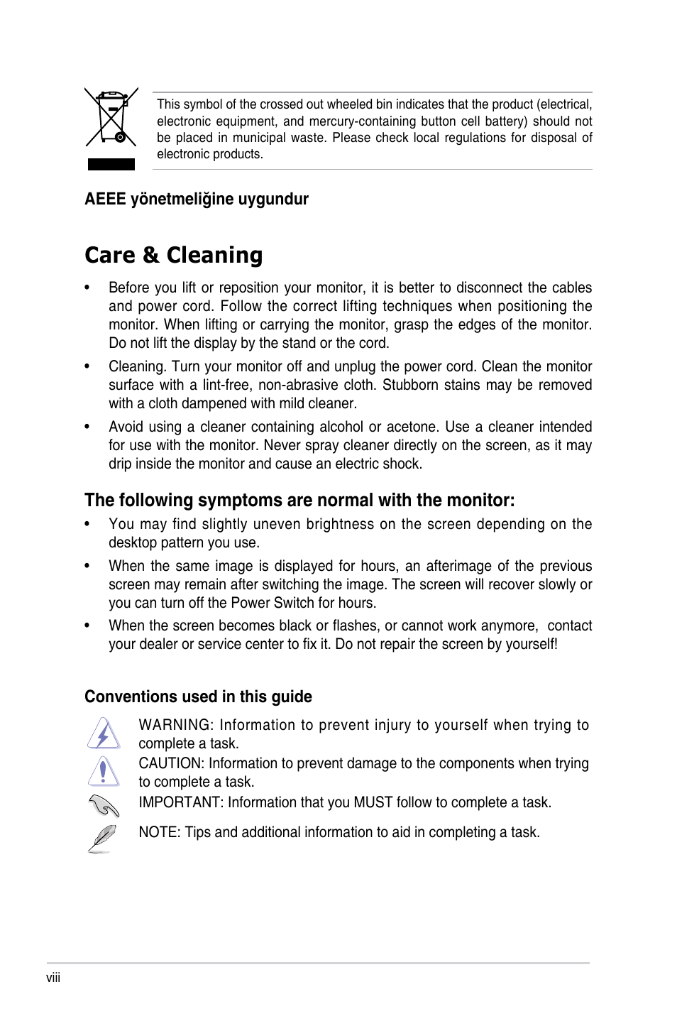 Care & cleaning, The following symptoms are normal with the monitor | Asus ProArt 27" 1440p 144 Hz Monitor User Manual | Page 8 / 34