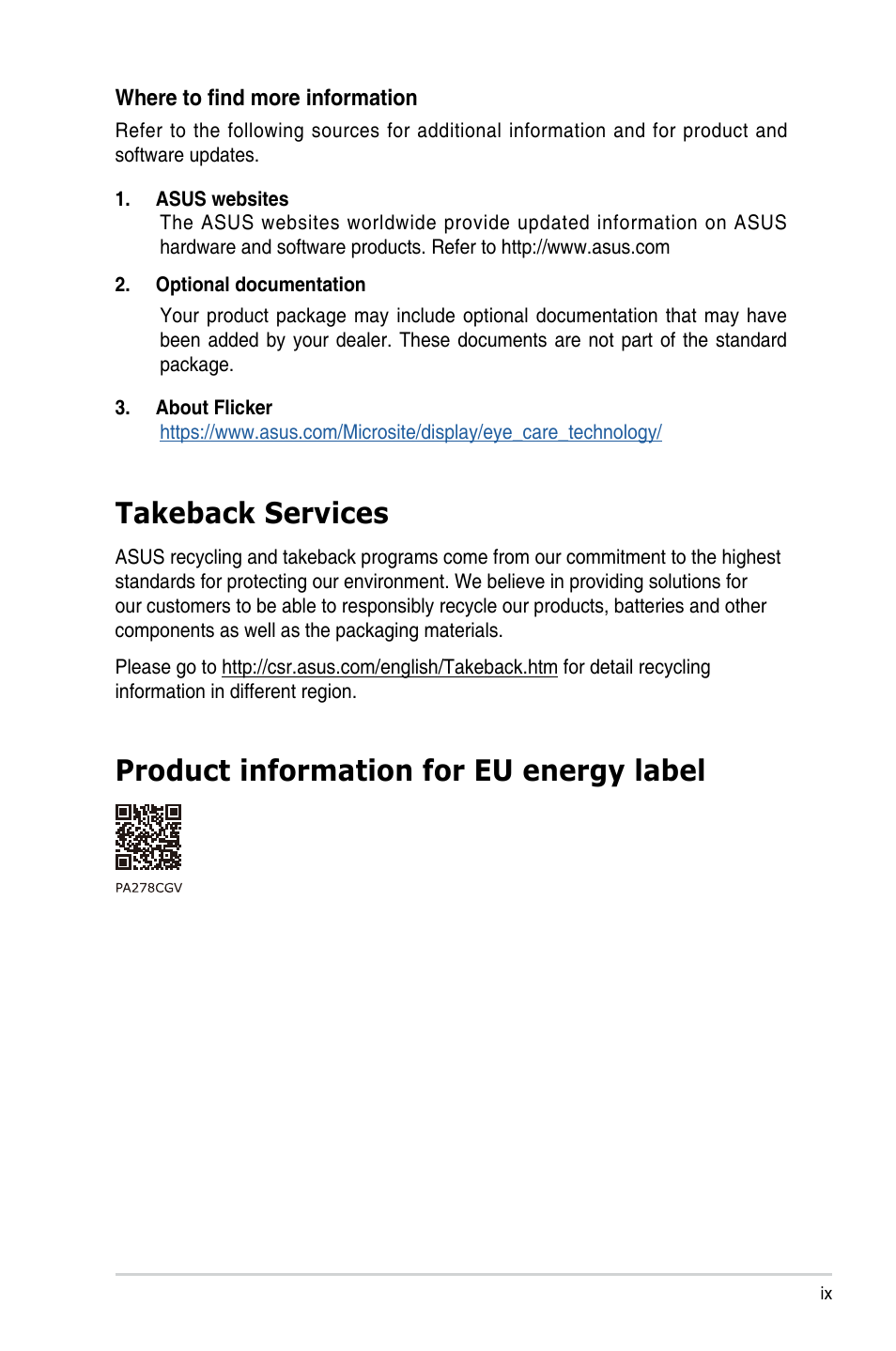 Takeback services, Product information for eu energy label | Asus ProArt 27" 1440p 144 Hz Monitor User Manual | Page 9 / 34